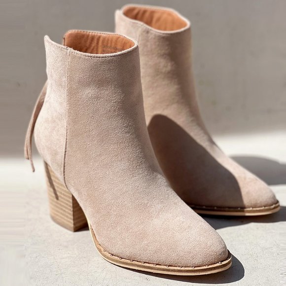Taupe Faux Suede Pointed Toe Rivet Mini Studded Block Heel Ankle Bootie Boot - Picture 1 of 16